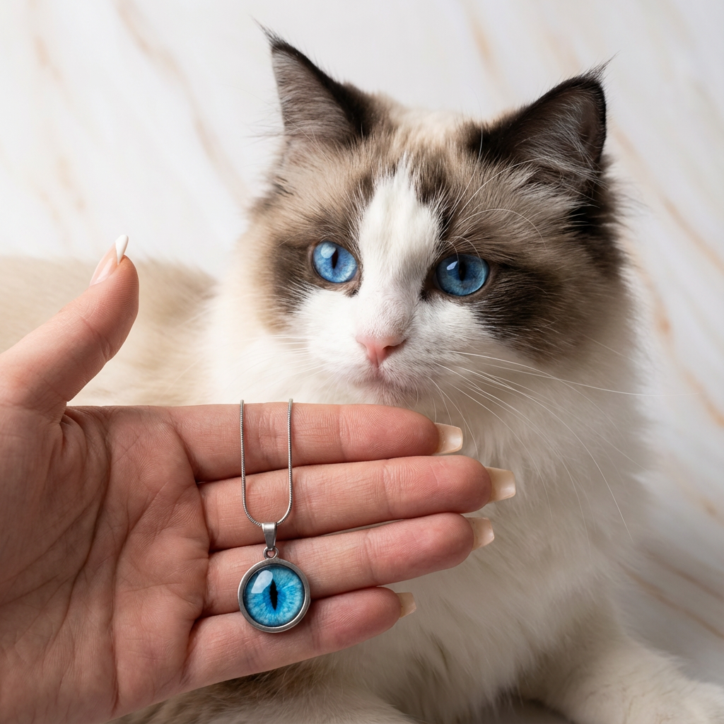 Individueller Iris-Anhänger mit echter Katzeniris aus Foto gefertigt und als Kette getragen