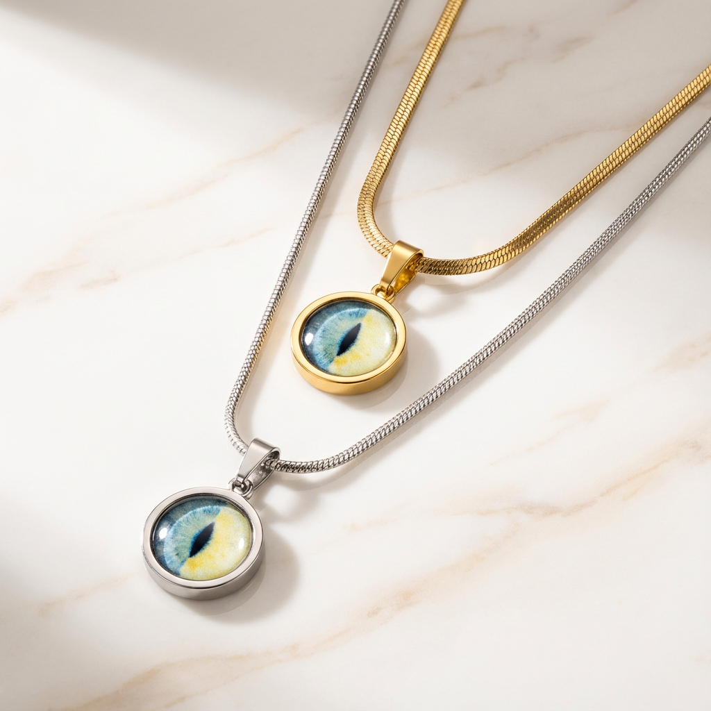 Detailansicht Tier-Iris Kette in Gold und Silber mit versiegeltem Irisbild unter Harzkuppel