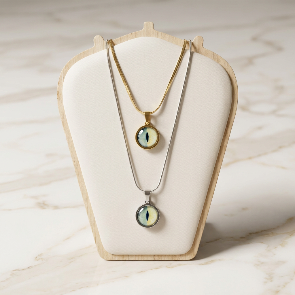 Origin Pet Tier-Iris Kette aus Edelstahl mit rundem Cabochon-Anhänger in Goldoptik