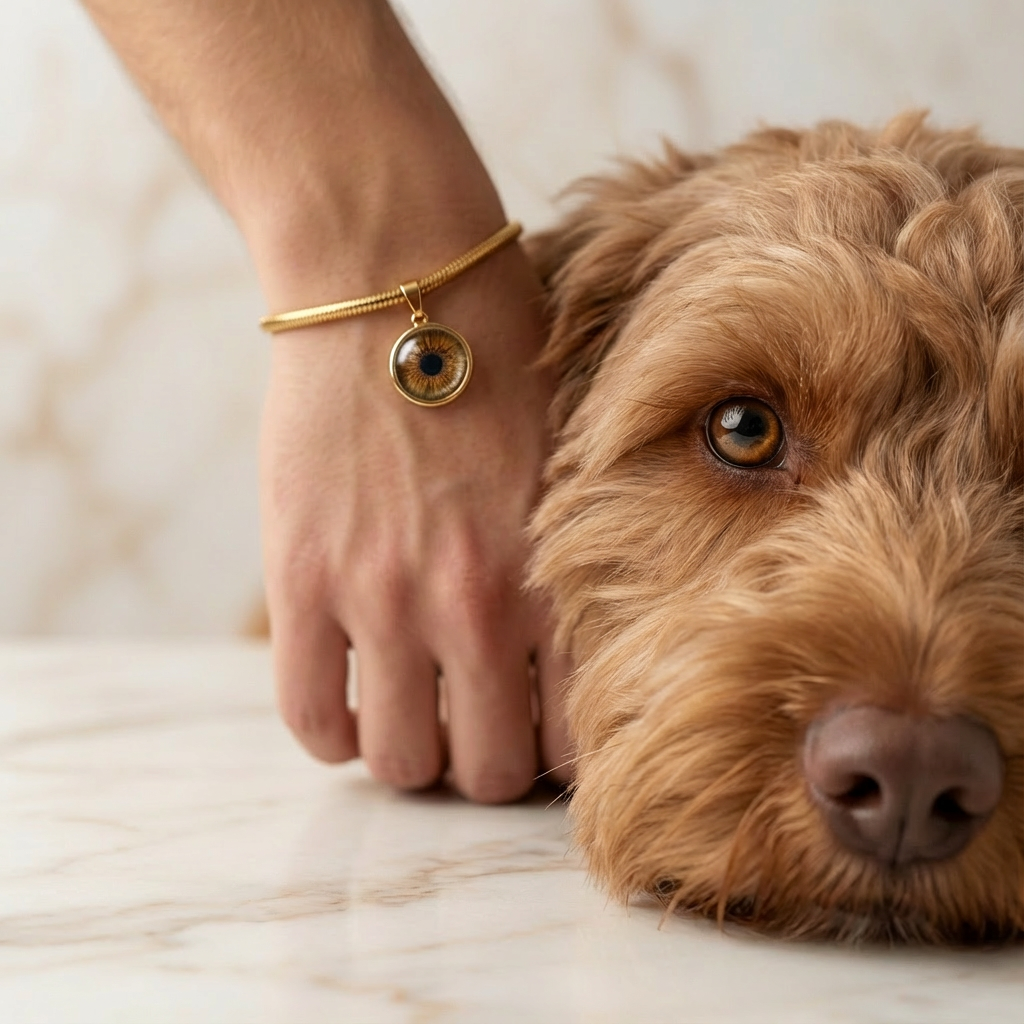 Personalisierte Tier-Iris Kette mit echtem Irisbild eines Hundes als emotionales Erinnerungsschmuckstück
